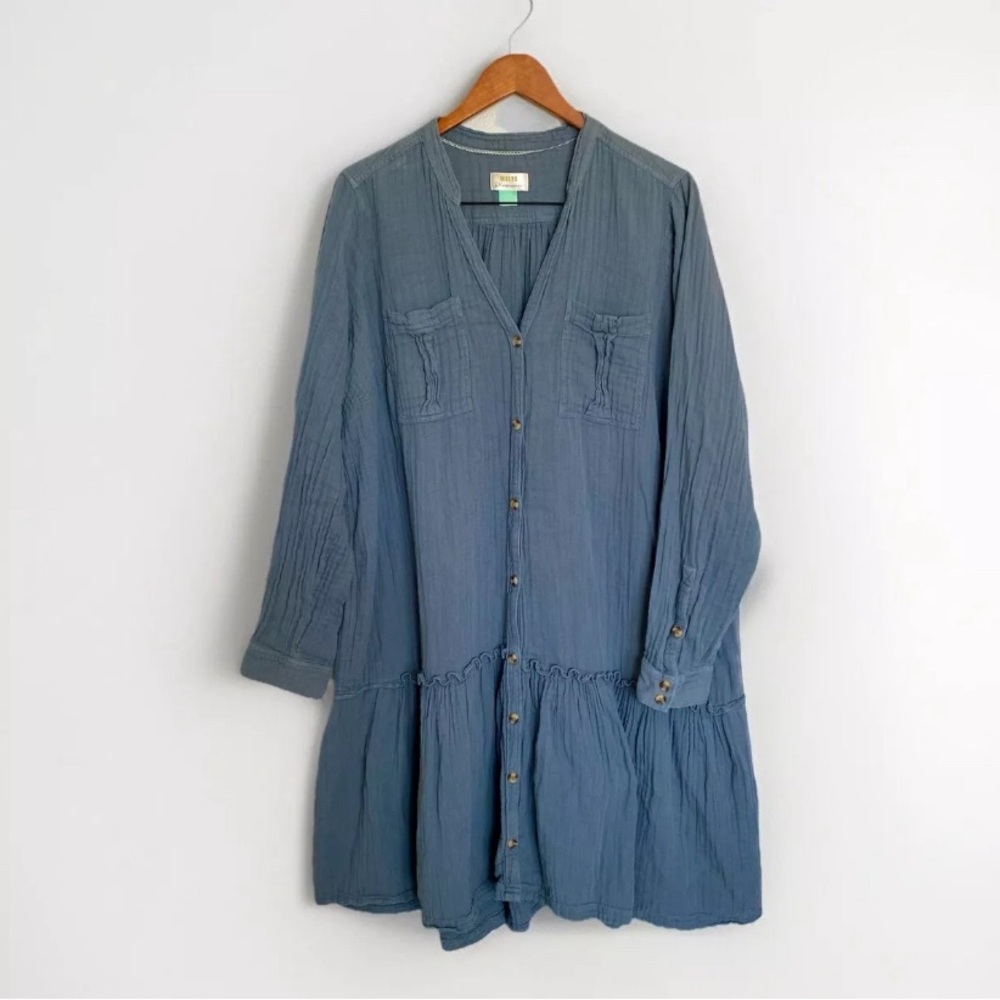 Maeve Anthropologie Tunic Dress Size 18W Long Sleeve V-neck Tiered Ruffled Blue